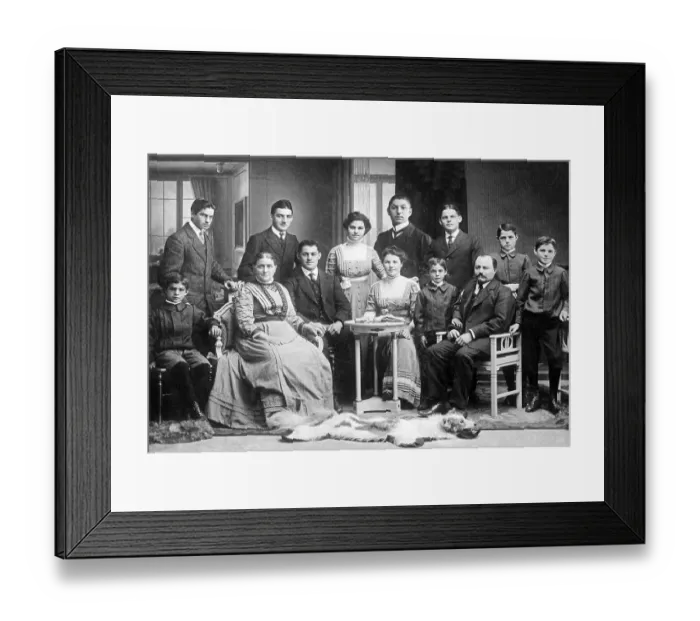 Framed Print : Portrait, large family, in front a dog fur