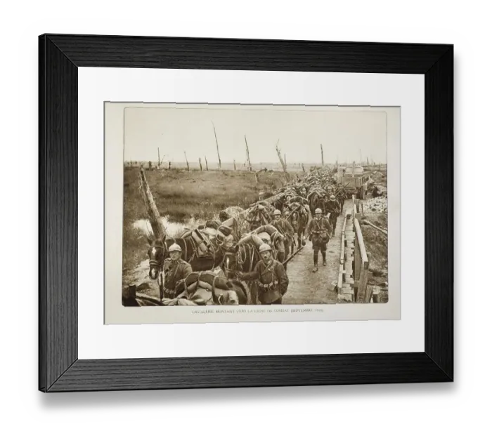 Framed Print : Cavalry heading for the battlefield through bombarded terrain in Flanders during the First World War Framed Print : Cavalry heading for the battlefield through bombarded terrain in Flanders during the First World War