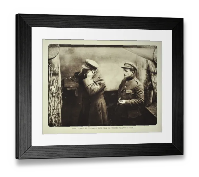 Framed Print : Officer in shelter using telephone at communication post in Flanders during the First World War Framed Print : Officer in shelter using telephone at communication post in Flanders during the First World War