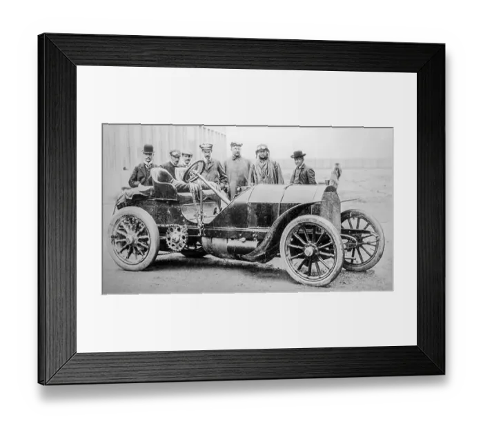 Framed Print : Old archival black and white photograph showing factory-backed driver Framed Print : Old archival black and white photograph showing factory-backed driver