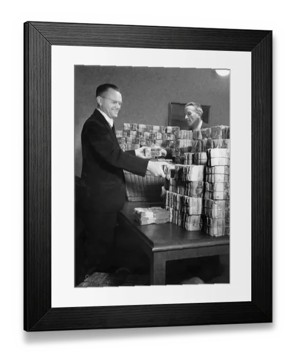 Framed Print : Men piling up money during the currency reform Framed Print : Men piling up money during the currency reform
