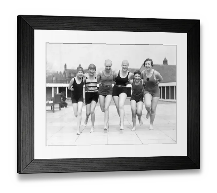 Framed Print : Group of women in bathing costumes on a landing stage Framed Print : Group of women in bathing costumes on a landing stage