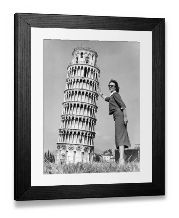 Framed Print : Woman stabilizing the Leaning Tower of Pisa Framed Print : Woman stabilizing the Leaning Tower of Pisa
