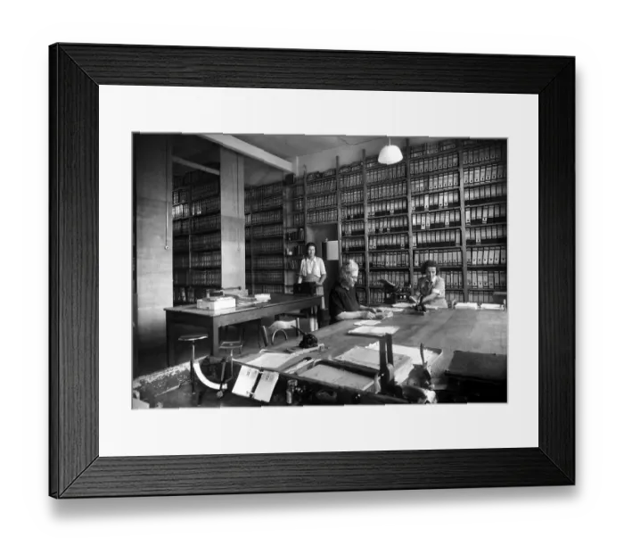 Framed Print : Historic photograph, three women working in an office