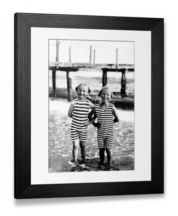 Framed Print : Historic photograph, twins, striped bathing suits