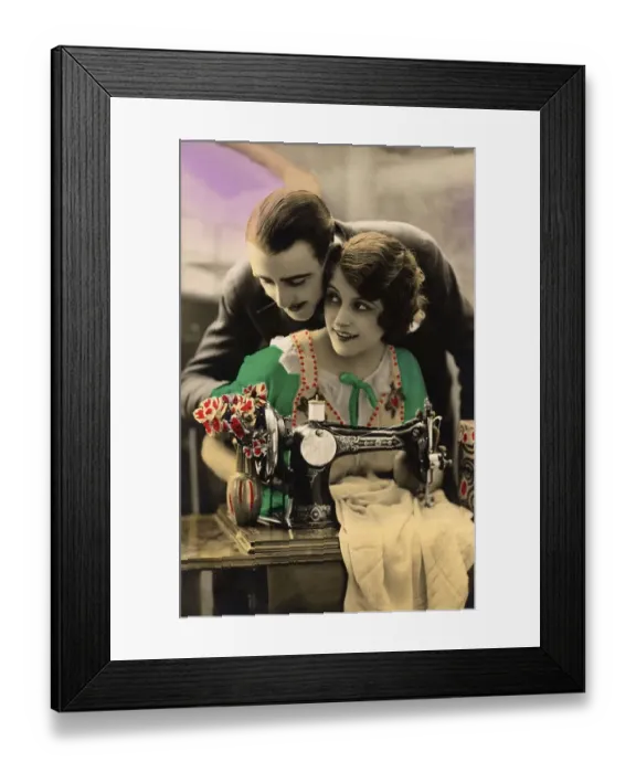 Framed Print : Historic photo, couple with sewing machine