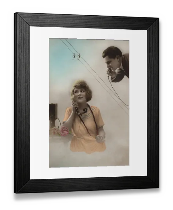 Framed Print : Historic photo, couple on the phone with each other
