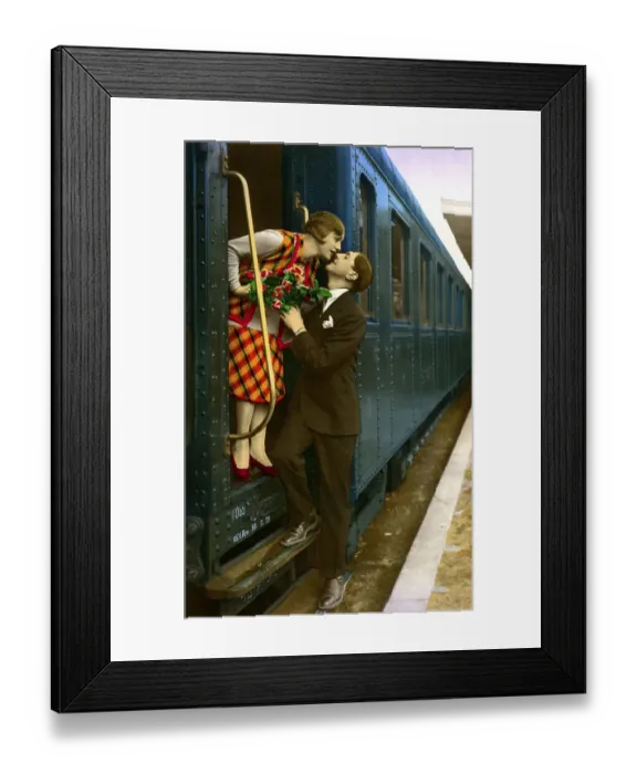 Framed Print : Historic photo, couple saying goodbye to each other at the train station