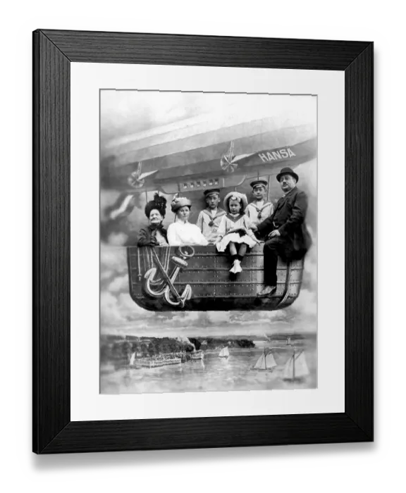 Framed Print : Historic photograph, family flying in a carboard airship Framed Print : Historic photograph, family flying in a carboard airship
