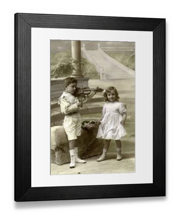 Framed Print : Historic photograph, boy playing violin for his friend Framed Print : Historic photograph, boy playing violin for his friend