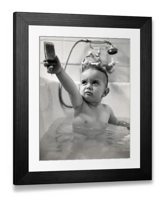 Framed Print : Historic photograph, small boy playing with a brush in the bath Framed Print : Historic photograph, small boy playing with a brush in the bath