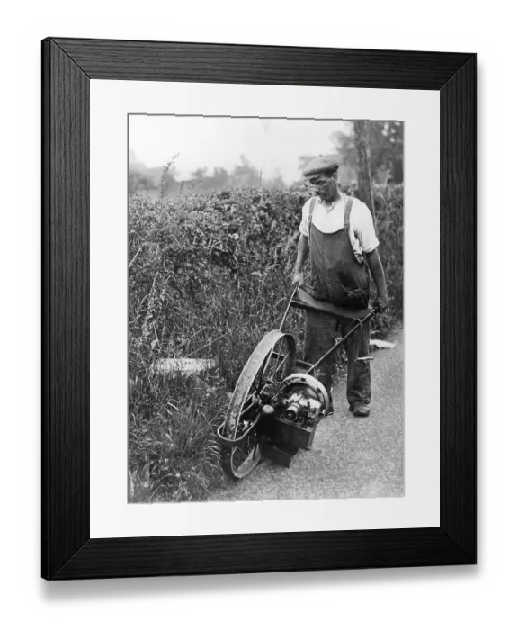 Framed Print : Lawnmower, historic photograph, around 1920 Framed Print : Lawnmower, historic photograph, around 1920