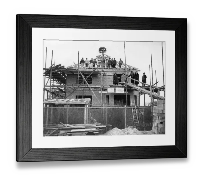 Framed Print : Construction workers, topping-out ceremony