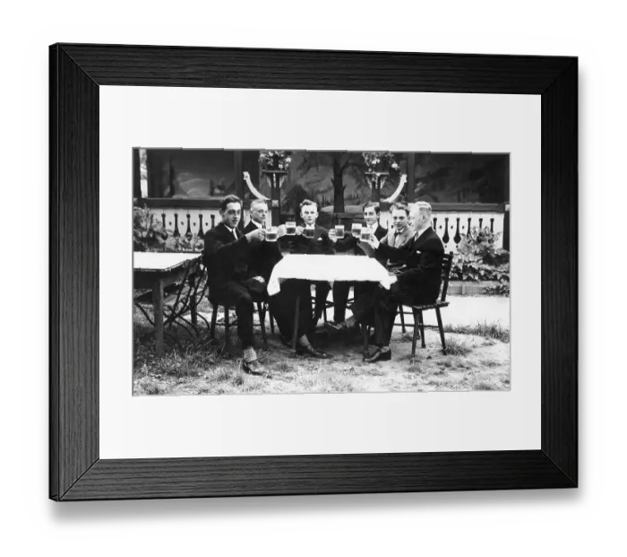 Framed Print : Cheers, men in a beer garden, historical image Framed Print : Cheers, men in a beer garden, historical image