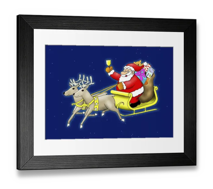 Framed Print : Santa Claus sitting in his sleigh flying with reindeer Framed Print : Santa Claus sitting in his sleigh flying with reindeer