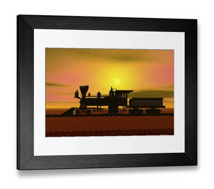 Framed Print : Historic locomotive at sunset, silhouette