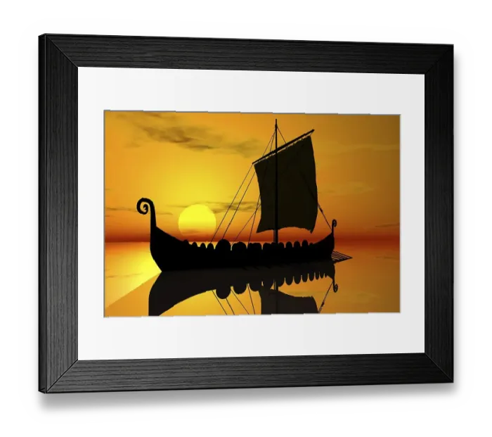 Framed Print : Viking ship, sunset, silhouette, 3D graphics
