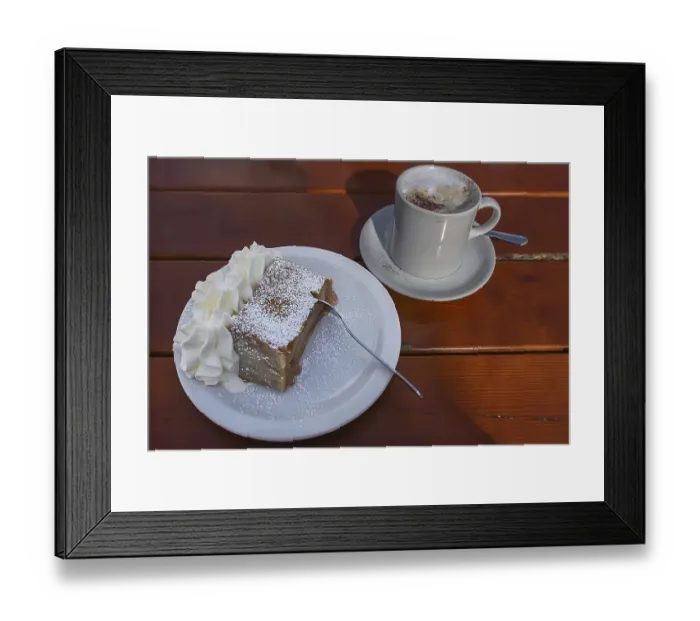 Framed Print : Apple strudel with cream and a cup of cappuccino served in a cafe Framed Print : Apple strudel with cream and a cup of cappuccino served in a cafe