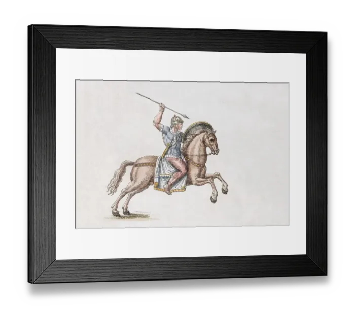 Framed Print : Roman soldier on horseback, handcoloured copper engraving Framed Print : Roman soldier on horseback, handcoloured copper engraving