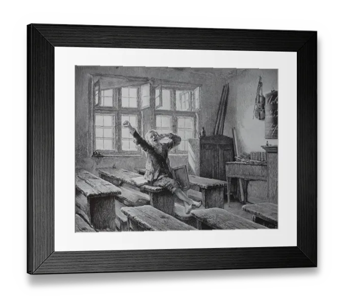 Framed Print : A schoolboy has to sit alone after school in the classroom and stretches out from fatigue Framed Print : A schoolboy has to sit alone after school in the classroom and stretches out from fatigue