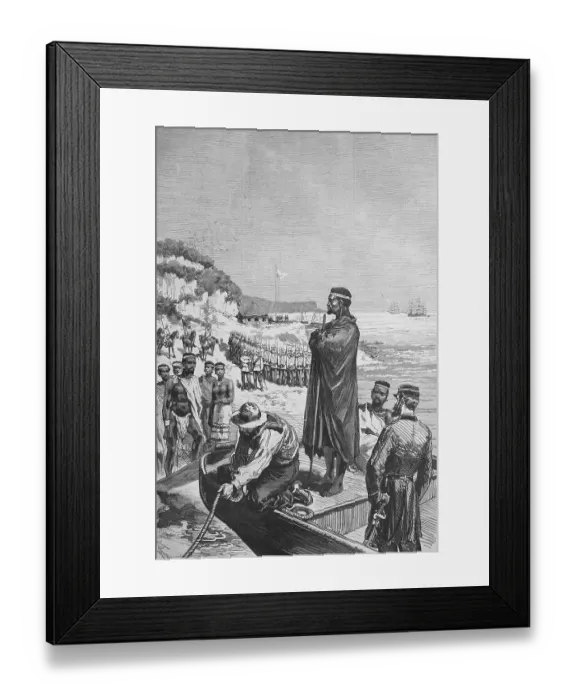 Framed Print : Embarkation of captured Zulu Ketschwaeyo chief at Durnfort for voyage to Cape Town