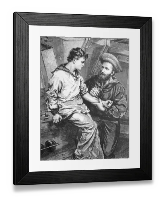 Framed Print : Tattoo, the old sailor tattoos an anchor on the arm of the young cadet Framed Print : Tattoo, the old sailor tattoos an anchor on the arm of the young cadet