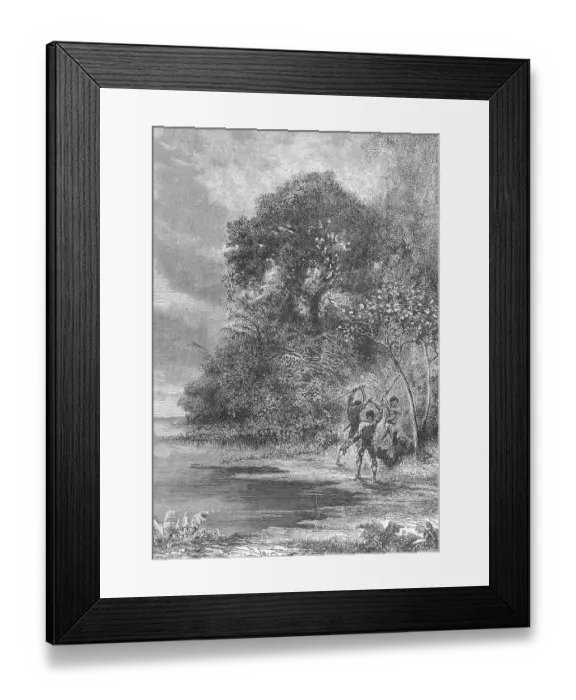 Framed Print : Three men slay an Ai, sloth, 1869