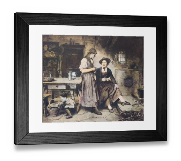 Framed Print : Two friends talking in the kitchen while a boy lets a hen out of the basket