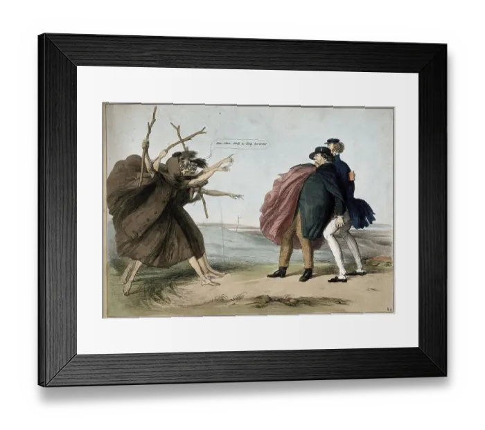Framed Print : On a windswept heath, three witches prophesy to a stunned Daniel O Connell