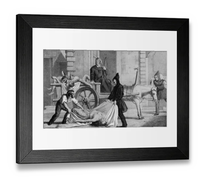 Framed Print : Cholera in Palermo, 1835. Men in uniform pick up a corpse in the street and place it on a cart