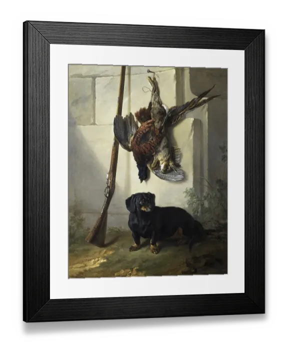 Framed Print : Hunting, Hunting Motif, The Dachshund Pehr with Shot Game and Hunting Rifle