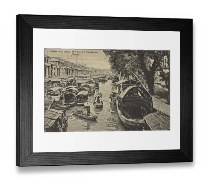 Framed Print : Local workers in the city, canal with many boats and foreign concession