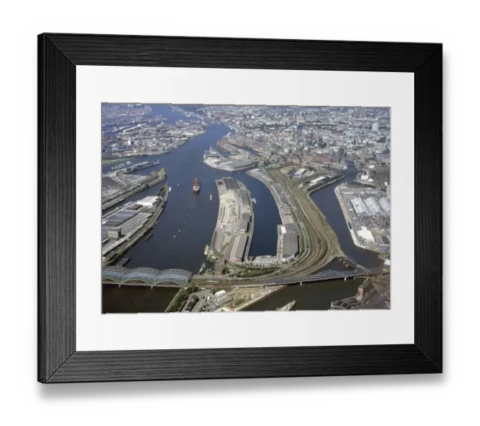 Framed Print : Historical aerial view from the year 2000 of Hamburg's free port which is becoming the Hafencity