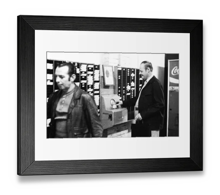 Framed Print : Workers and employees at the time clock of the Pohlschroeder company in Dortmund