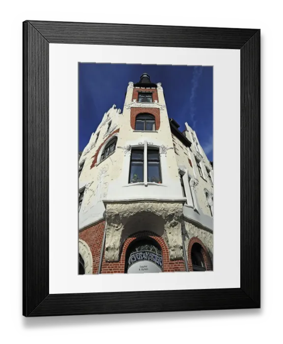 Framed Print : Facade and bay window with Art Nouveau ornaments of a house around 1900 Framed Print : Facade and bay window with Art Nouveau ornaments of a house around 1900