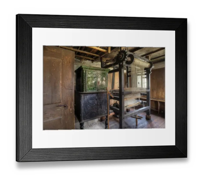 Framed Print : Loom from 1749 and tiled stove from 1796 in a parlour from 1703