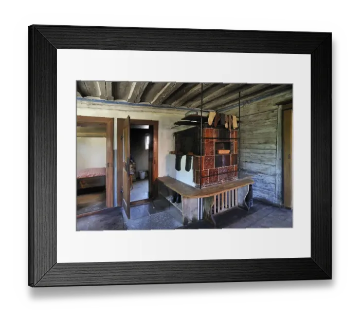 Framed Print : Living room with tiled stove, mid-19th century Framed Print : Living room with tiled stove, mid-19th century