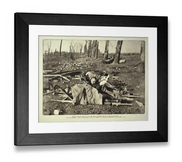 Framed Print : Wounded soldiers on stretchers waiting for evacuation from the battlefield in Flanders during the First World War Framed Print : Wounded soldiers on stretchers waiting for evacuation from the battlefield in Flanders during the First World War