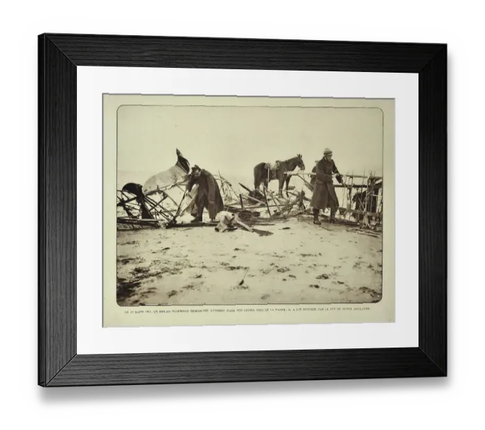 Framed Print : Soldiers examining crashed biplane near De Panne in Flanders during the First World War Framed Print : Soldiers examining crashed biplane near De Panne in Flanders during the First World War