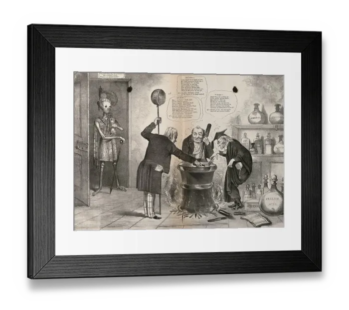 Framed Print : A skeletonised figure watching three doctors around a cauldron Framed Print : A skeletonised figure watching three doctors around a cauldron