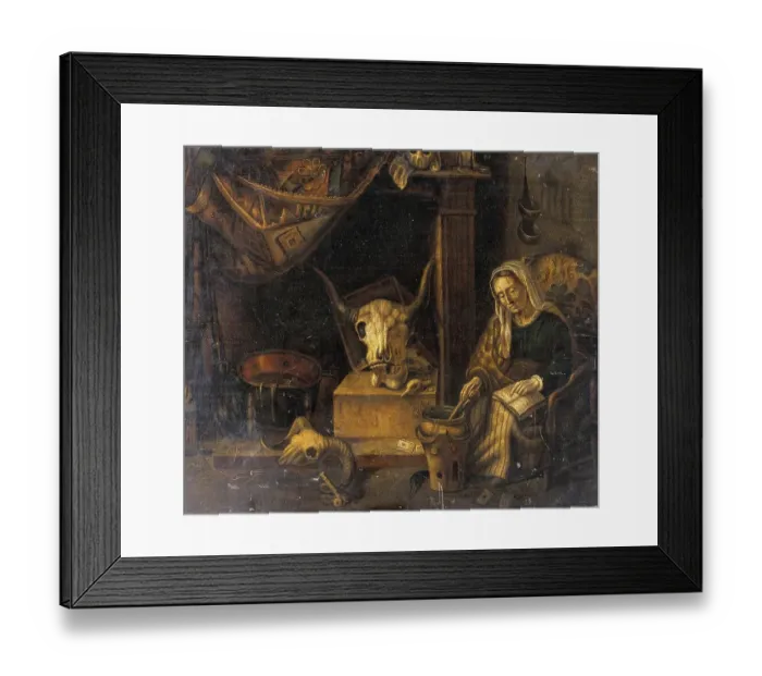 Framed Print : A witch, stirring a potion in a vessel while pointing to a passage in a book open on her lap Framed Print : A witch, stirring a potion in a vessel while pointing to a passage in a book open on her lap
