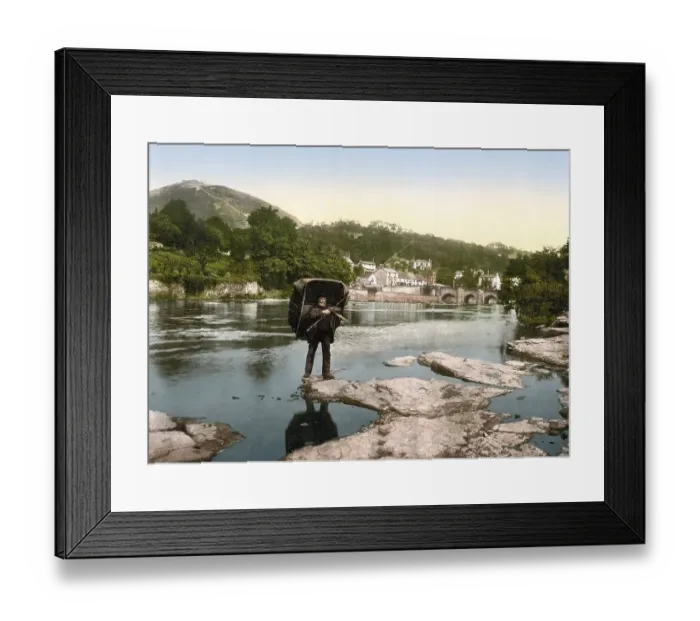 Framed Print : Angler with rain shelter, Llangollen