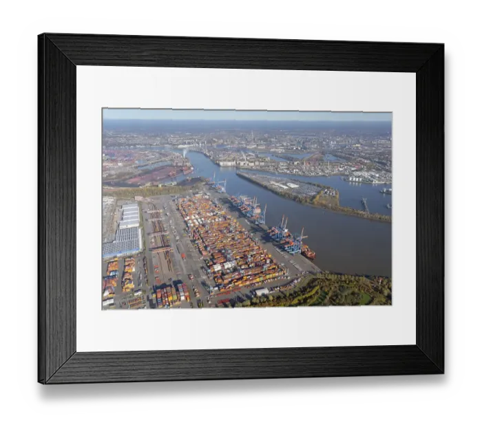 Framed Print : Aerial view of the Container Terminal Altenwerder behind it the city centre of Hamburg