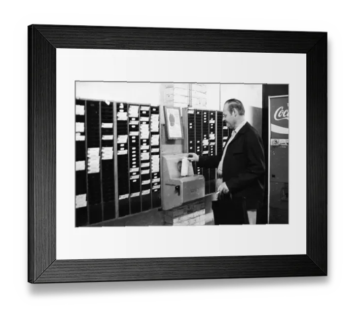 Framed Print : Workers and employees at the time clock of the Pohlschroeder company in Dortmund Framed Print : Workers and employees at the time clock of the Pohlschroeder company in Dortmund