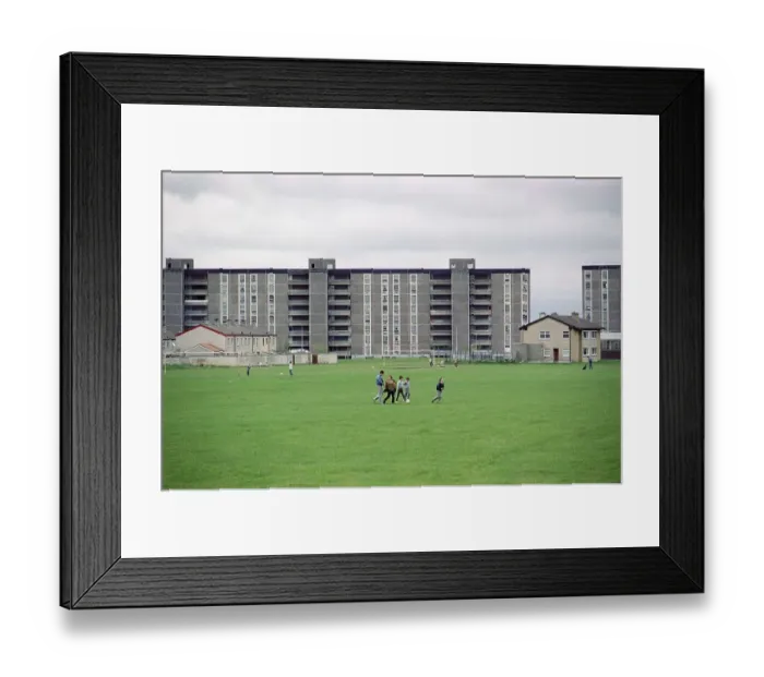 Framed Print : Children playing on lawn, rented flats