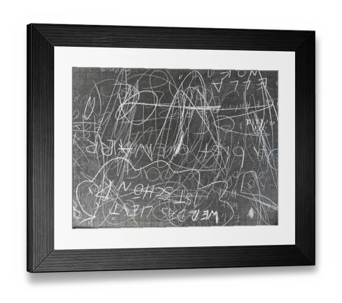 Framed Print : Old school blackboard with lots of scribbling on the blackboard surface