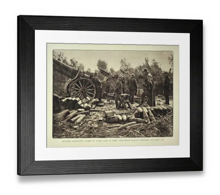 Framed Print : Artillery soldiers firing battery cannons from forest at Houthulst in Flanders during the First World War Framed Print : Artillery soldiers firing battery cannons from forest at Houthulst in Flanders during the First World War