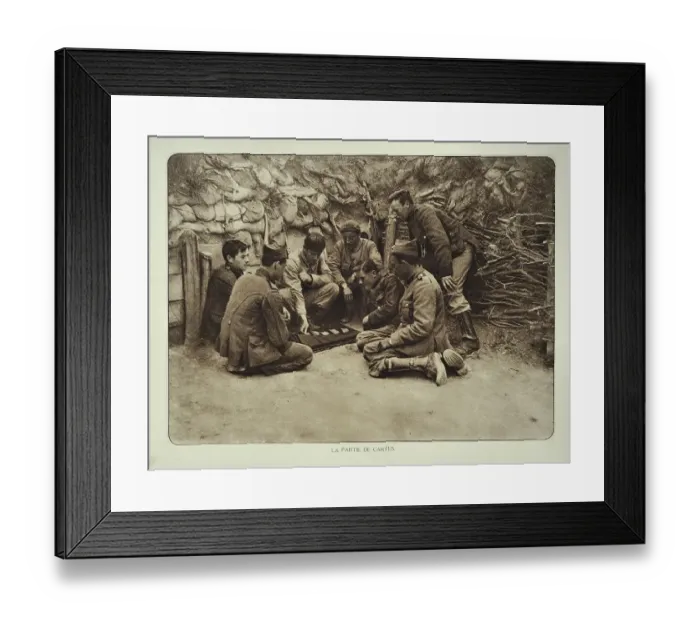 Framed Print : Soldiers at rest playing cards in trench in Flanders during the First World War