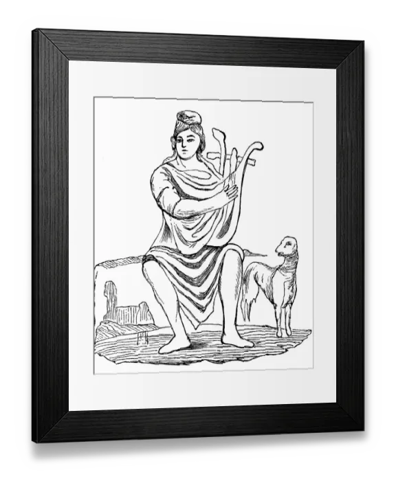 Framed Print : Black and white drawing, Christ as Orpheus