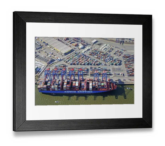 Framed Print : Aerial view of a container ship of the Chinese shipping company COSCO